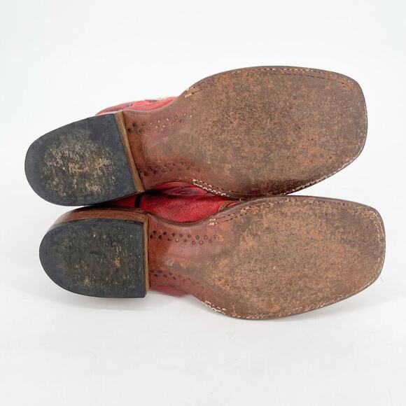 Lucchese Red Suede Hand Tooled Filigree Wingtip Square Toe Western Boot size 7.5 - Picture 10 of 12
